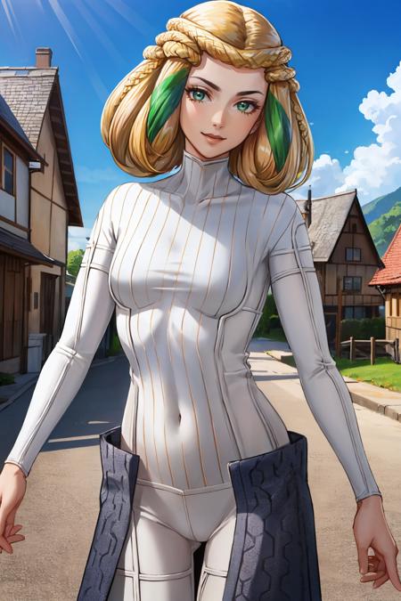 masterpiece, best quality, cowboy shot, looking at viewer, smile, village, blue sky
<lora:zs_Clotho:1> clothosmt, blonde hair, multicolored hair, green hair, braid, turtleneck, bodysuit