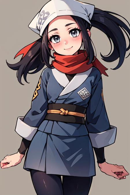 zzAkari, grey eyes, eyelashes, black hair, long hair, white headwear, sidelocks, ponytail, zzAkari, grey eyes, eyelashes, black hair, long hair, white headwear, sidelocks, ponytail,  black pantyhose, black undershirt, jacket, loose socks, pantyhose, red scarf, sash