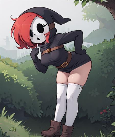 toon \(style\), solo focus, foreground focus, 1girl, dress, hood, mask, hollow eyes, hood up, black dress, brown belt, thighs, white boots, red hair, hair over one eye (sleeves past fingers, sleeves past wrists), large breasts, (leaning forward, bent over, arm under breasts)