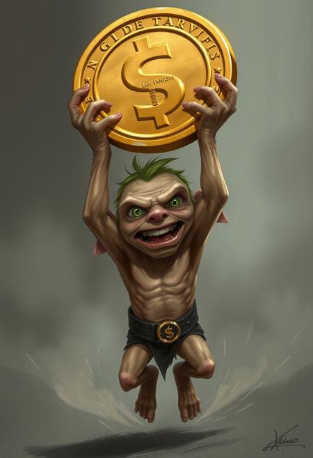 "Create a hyper-realistic 2D illustration of a tiny, wiry goblin, no larger than 2 inches tall, lifting a gigantic gold coin over his head with both hands. The coin should be at least 10 times the goblin's size, with intricate details and textures that make it look like a real, ancient treasure. The goblin's face should be contorted in a mixture of effort and excitement, with green dollar signs for pupils that seem to spin with avarice. His arms should be straining to hold the weight of the coin, with visible veins and tendons bulging beneath his skin. The background should be a blurred, muted gray, with subtle hints of motion lines and speed effects to convey the goblin's hasty escape. The overall effect should be one of dynamic, high-energy illustration, with a perfect balance of humor, action, and detail." highest-Quality, 8 k, intricate details, visually stunning, Masterpiece