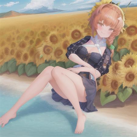 1girl, (ultra-detailed, highest_quality:1.4), full_body, dynamic_pose, smile, blush, looking_at_viewer, orange_hair, side_braid, sunflower, flower_brush, ocean_background, <lora:Gogh:.8>, van_gogh_(fate), <lora:GoodHands-vanilla:.6>, better_hands, hands, detailed_hands