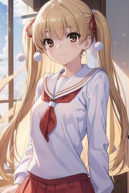 miutakanashi, <lora:miu takanashi s1-lora-nochekaiser:1>,
miu takanashi, long hair, blonde hair, ribbon, twintails, (brown eyes:1.5), hair ribbon, two side up, smile,
BREAK skirt, long sleeves, school uniform, serafuku, white sailor collar, (red skirt:1.2), (white shirt:1.2),
BREAK indoors, classroom,
BREAK looking at viewer, (cowboy shot:1.5),
BREAK <lyco:GoodHands-beta2:1>, (masterpiece:1.2), best quality, high resolution, unity 8k wallpaper, (illustration:0.8), (beautiful detailed eyes:1.6), extremely detailed face, perfect lighting, extremely detailed CG, (perfect hands, perfect anatomy),