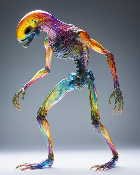 focus on alien non-anthropomorphic bioengineered creature, transparency:1.4, (detailed cybernetic implants fused with organic matter:0.5), full body, (with intensely vibrant swirling colors:1.9), realistic photo, <lora:add-detail-xl:1.0> ,  <lora:artialien:1> artialien