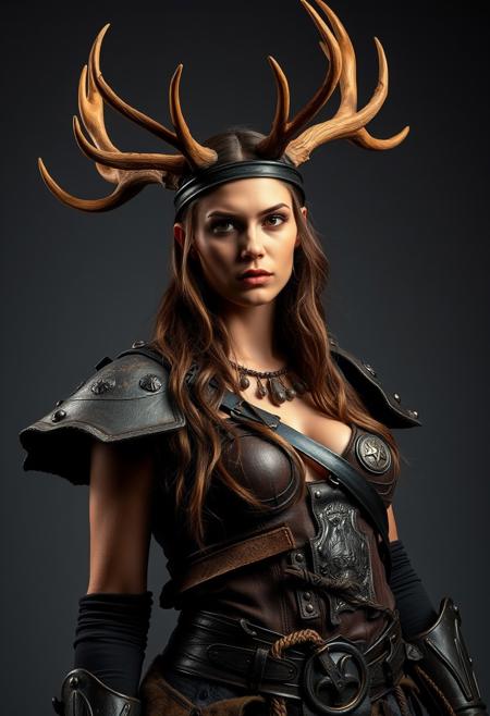 very low angle, barbarian female warrior, princess, extremely beautiful, ancient deer antlers crown, aggressive pose, grunge clothes, leather and grunge iron armour, perfect and natural breast,  masterful photography studio, grey background, golden studio lights, dynamic shadows, dramatic lights