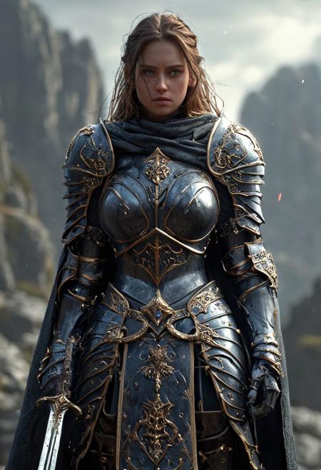 A stunning dynamic pose, feminine knight, underboob, exposed midriff, navel, medium breasts, 2handed sword highly detailed dark fantasy, she walks in mountain, big gems in each shoulder and chest, goddess, dark HKStyle armor, cracked armor, cracked, crystal, photorealist, A stunning highly detailed dark fantasy full body illustration of a proud warrior wearing intricate medieval HKStyle armor, cape, light glooming eyes, very wide shoulders, wearing big gauntlets, epic composition. The warrior stands heroic with a flowing cloak, The scene depicts her with brooding emotional agony, with insanely intricate details and textures, gloomy dramatic lighting, 8K resolution