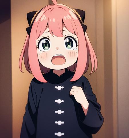 a girl with pink hair and big eyes looks at the camera with a sad expression on her face and a black hat on her head, (1girl:0.993), (animal ears:0.824), (d::0.545), (open mouth:0.944), (panda ears:0.878), (parody:0.655), (pink hair:0.728), (short hair:0.733), (solo:0.972), (wide-eyed:0.563)