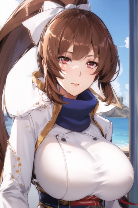 (day:1.7), cloud, beach,blue sky,
Standing at attention, (Close-Up),focus on face,
jacket,wide sleeves,White_uniform,White_outfit,black legwear,japanese clothes, blue scarf,Bikini,
<lora:Aya_Kujyou_Final_Gear-KK77-V3:0.7>,Pants,
brown eyes, brown hair,bangs, Long_hair, Red_eyes,ponytail, white ribbon,
1 girl, 24yo,mature female,Beautiful Finger,Beautiful long legs,Beautiful body,Beautiful Nose,Beautiful character design, perfect eyes, perfect face,
looking at viewer, in the center of the image,
NSFW,official art,extremely detailed CG unity 8k wallpaper, perfect lighting,Colorful, Bright_Front_face_Lighting,
(masterpiece:1.0),(best_quality:1.0), ultra high res,4K,ultra-detailed,
photography, 8K, HDR, highres, absurdres:1.2, Kodak portra 400, film grain, blurry background, bokeh:1.2, lens flare, (vibrant_color:1.2)
(Beautiful,Large_Breasts:1.2), (beautiful_face:1.5),(narrow_waist),