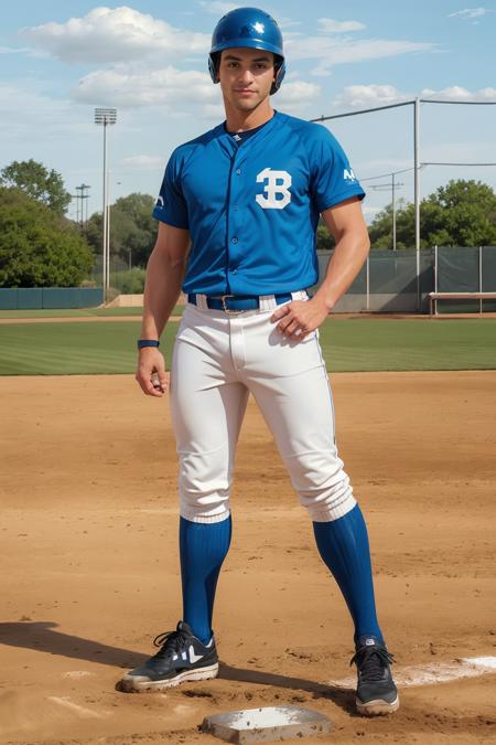 outdoors, baseball field, standing at second base, ColbyTaylor is a baseballplayer, slight smile, baseball uniform, (blue helmet), (blue jersey), white pants, (gray socks), long socks, (black sneakers), looking at viewer, masterpiece, ((full body portrait)) <lora:ColbyTaylor:0.8> <lora:Clothing - Sexy Baseball Player:0.6>