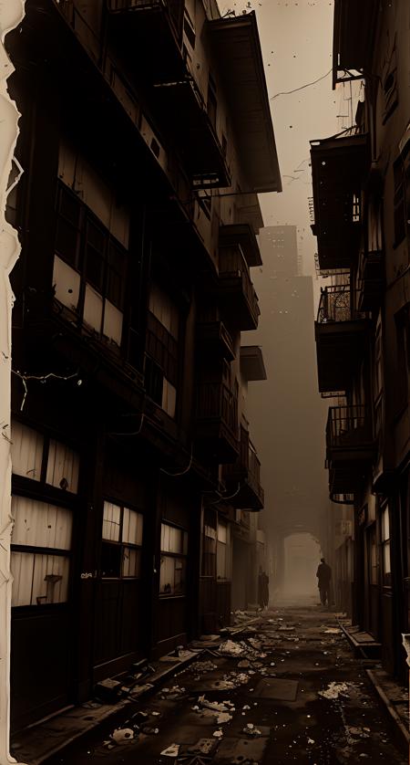 (sepia old photo, damaged, dust:1.2), cyberpunk city, fantastic tales atmosphere, alleyway, (Cyberpunk Architecture:1.1), houses from metall, cyberpunk clothes, (neon signs:1.1),  <lora:oldPhotoV1:1>
