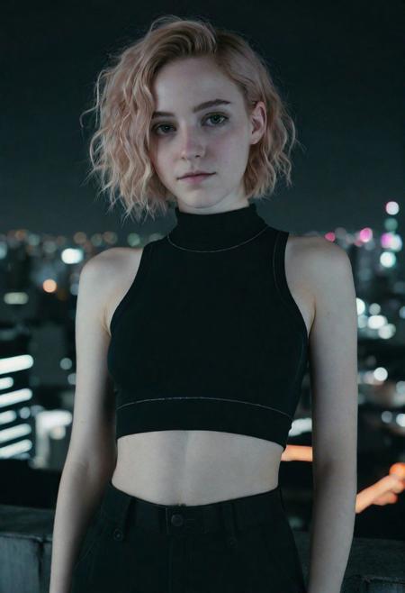 cyborg young woman, dark cyberpunk, highly detailed face, pale fragile delicate body, frizzy bob cut hair, (stylish haircut:0.9), wearing a tight stylish futuristic open black hi-tech tactical techwear crop top, subtle cyberware, standing on a cyberpunk Japanes city rooftop at night, scenic view, cinematic scene, cinematic lighting, analog-style photo, grainy amateur lo-fi portrait photo, desaturated colors, (low contrast), distracted, b-cup breasts, eyeliner, (eyeshadow:1.1), shy, blushing, raw photo, phone photo, 3/4, (upper body portrait shot), medium shot, accidental art, candid, crisp image, high detail, (eyebags:0.7)