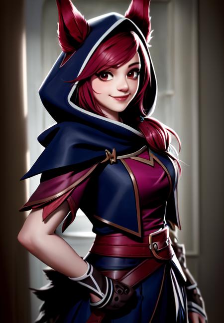 sfw, <lora:xayah:0.8>, xayah, hood, 1girl, solo, smile,, (masterpiece, best quality, absurdres, detailed, ultra-detailed:1.3), beautiful