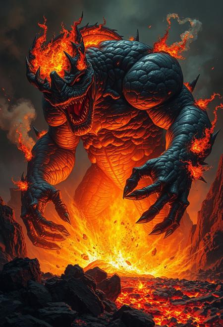 A colossal being forged from roaring flames and molten lava emerges from the heart of a volcanic eruption. Its body crackles with embers, veins of molten gold pulse beneath the blackened crust of its skin. Smoke and cinders swirl in the air, illuminating the scene with a supernatural glow. The composition blends Frank Frazetta’s epic fantasy energy with the dramatic lighting of Zdzisław Beksiński, creating a legendary and fearsome presence.