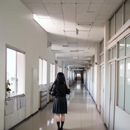 best quality, ultra-detailed, illustration,
rouka, scenery, hallway, window, school, door, indoors, sunlight, ceiling light, shadow, stairs, reflective floor, light, building, day, bulletin board, 
1girl, glasses, black hair, long hair, black eyes, school uniform, blush, looking at viewer, standing,
 <lora:rouka_school_SD15_V4:1>