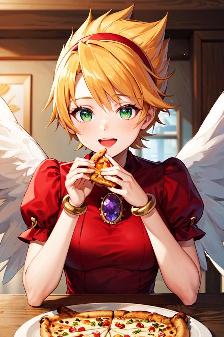 ccnina, blonde hair, short hair, floating hair, hairband, green eyes, white wings, feathered wings, red dress, brooch, puffy sleeves, bracelet