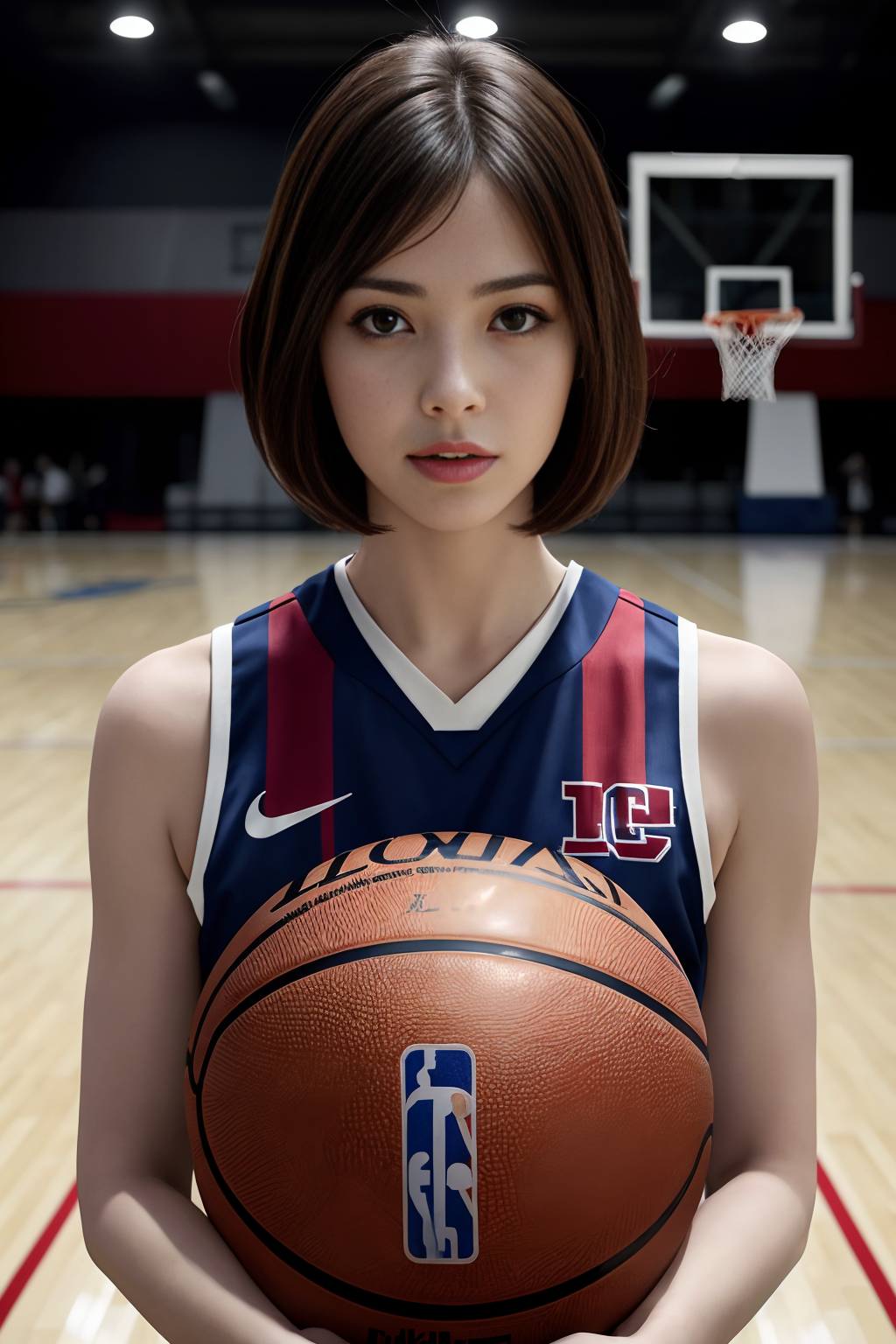 Best quality, masterpiece, ultra high res, portrait, (photorealistic:1.4), raw photo, 1girl, French Bob, wearing basketbal...