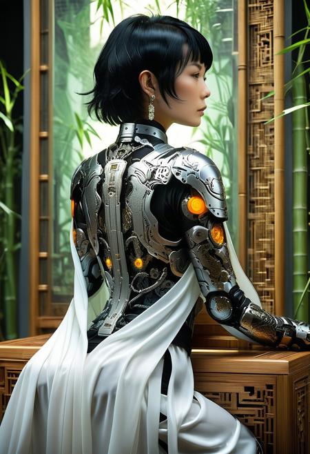 lazypos
Solo figure, androgynous cyborg with irezumi biomechanical armor, seated on ornate wooden chair with Hanfu-style silk robe asymmetrically draped, liquid pearl embroidery flowing from shoulder to waist. Short black hair with cybernetic cable accents, delicate facial features looking over the shoulder, back mostly turned to the viewer in contemplative pose, futuristic luminous tattoos glowing through translucent armor plates. White ceramic vase emitting ethereal smoke, misty courtyard with bamboo lattice shadows, volumetric lighting casting dappled patterns across semi-transparent biomechanical back. Minimalist composition with tilt-shift perspective and unexpected top-angle view emphasizing geometric silk folds against flat color gradients. Texture: PBR materials for metallic carvings and silk subsurface scattering. Lighting: two-tone cinematic with cool misty blues vs warm cybernetic oranges. Artistry: Chinese ink wash elements blended with cyberpunk neon, cyb0rg, science fiction, cable, mechanical parts, trending on ArtStation, trending on CGSociety, trending on DeviantArt.