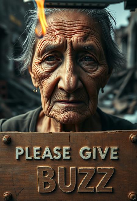 “An elderly woman with deeply wrinkled, weathered skin is captured in a close-up using a 50mm Panavision Prime lens, revealing every intricate detail of her face. Dramatic lighting casts heavy shadows, highlighting the sorrow and exhaustion etched into her features. Her eyes, full of suffering, speak to years of hardship. In the background, softly blurred, a decaying slum looms with crumbling walls and debris. At the lower part of the image, a cracked wooden panel with rusted nails holds bold, capital letters carved into the wood, reading ‘PLEASE GIVE ME BUZZ.’ The text, in a pastel color, blends with the wood grain, intensifying the gritty, distressed atmosphere. Above it, a flickering flame dances from a fire iron, momentarily illuminating the writing as it sears the wood, creating a poignant, ironic contrast to the somber mood.”