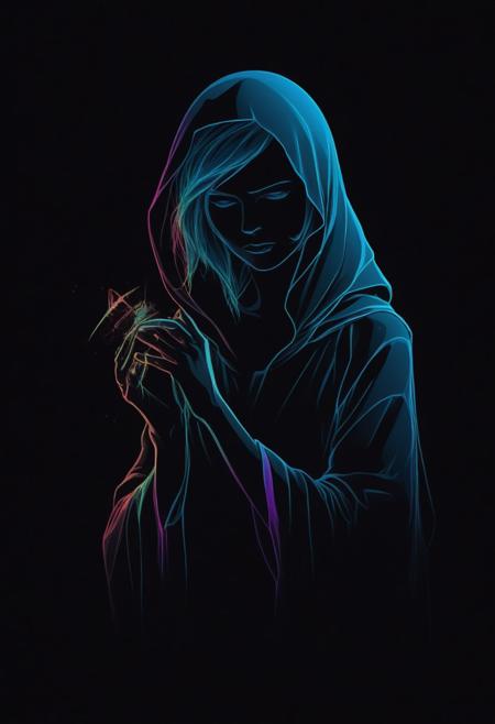 rainbow colored silhoutte outline against a dark background,a female reaper,anime,magical fantasy,universe,inspired by Maria Kreyn,Crystal,inverted,negative space,