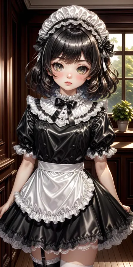 Satin Lace-Trimmed Maid Outfit with Mob Cap