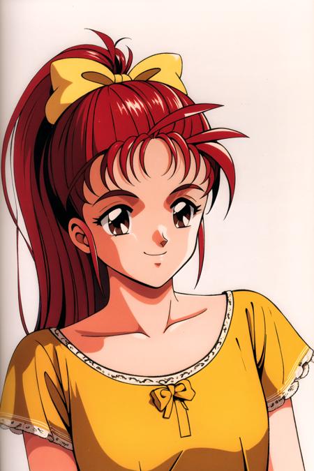 Yumi Saotome, 1girl, solo, 1990s (style), retro artstyle, smile, red hair, short sleeves, upper body, high ponytail, simple background, ponytail, white background, bow, hair bow, brown eyes, long hair, yellow shirt, shirt, collarbone, red eyes, yellow bow, <lora:Tokimeki Memorial:0.8>