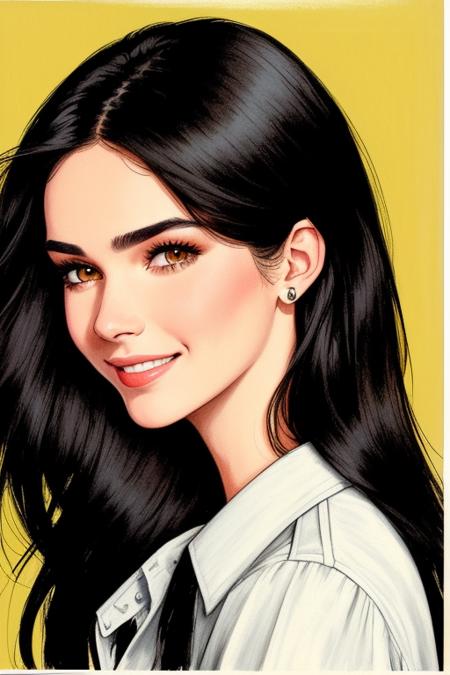 drawing of a kendal Jenner with long dark hair, beautiful smiling by  youwillgotothemoon3
trending on artstation,award winning,highly detailed,intricate,masterpiece,best quality,