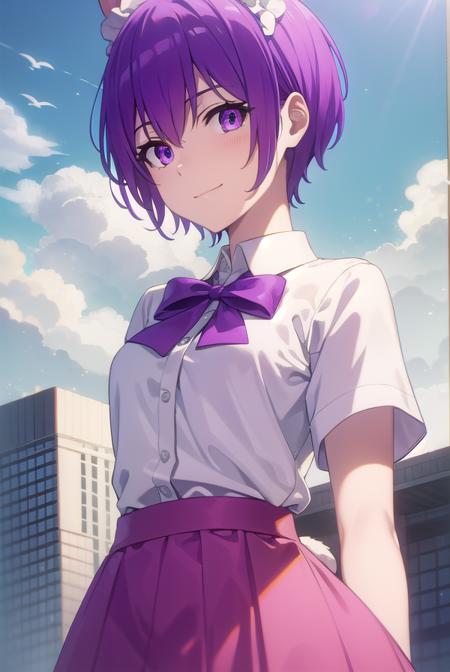 naruha sakuragi, short hair, (purple eyes:1.1), purple hair, shirt, bow, tail, short sleeves, bowtie, maid headdress, rabbit tail,