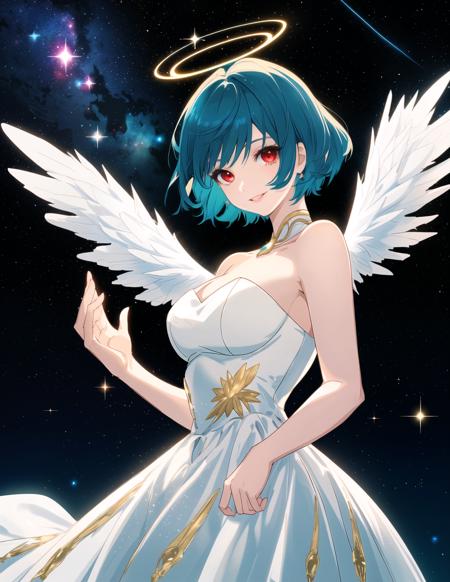 a woman in outer space, short teal hair, golden halo, white dress, white angel wings, red eyes, smile, nebula, stars