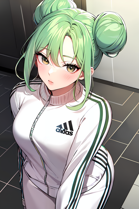 (masterpiece:1.2), best quality, 1lady, double hairbun, pastel green hair, white eyes,| goddess, white tracksuit, black lines, adidas, <lora:my_friends:0.5>, looking at viewer,