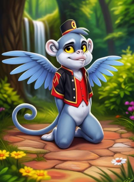 FrankDorTheWiz, monkey, ((wings,) blue fur,) chibi, small body,  yellow sclera, vest, red-black vest, red-black hat,