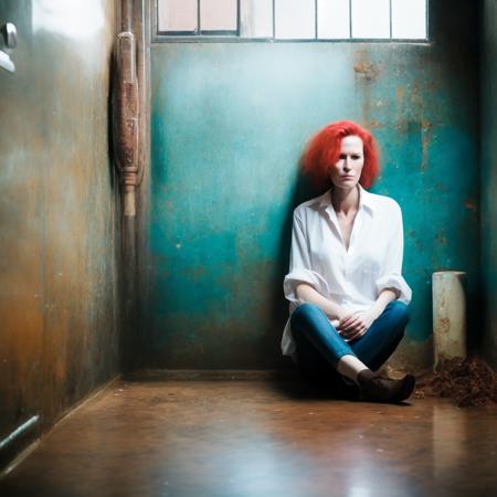 photo (oneshot style:1) a woman with red hair sitting in a dirty bathroom <lora:djzOneShotV21_LoraBooth:1>