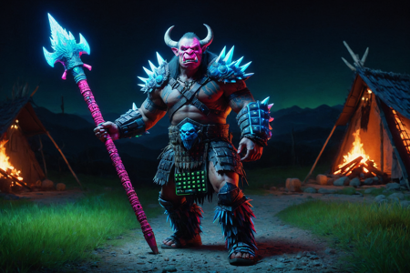 an orc raider made out of RGB Keyboards, with green skin, wearing spiked armor, holding a spiked club, solo, from the Thunderhoof Clan, with heavy armor pulsing with RGB lights and hoof-shaped symbols, a neon-lit orc camp with glowing leather tents, RGB wooden stakes, a central bonfire with RGB lights, detailed background, leading warriors, shouting commands, glowing with RGB lights, determined, furrowed brow, shimmering with RGB lights, dynamic angle, wide shot, an RGB shamanic ritual with orcs chanting, bonfire with RGB lights, bones scattered, a glowing RGB walking stick with RGB lights, nearby, on a digital stone path, rough texture with RGB lights, neon rain with glowing droplets, RGB lights reflecting, midnight, dark starry sky, moonlight, cool stillness, best quality, vibrant colors, photorealistic style, high detail, high-definition, hyper-realistic, extremely high-resolution details, fine texture, incredibly lifelike, realistic, not cartoon, not drawing, highres, 4K resolution, source photo, realistic photo, masterpiece, best quality, amazing quality, very aesthetic, ultra-detailed, detailed textures, natural lighting, soft lighting, electric neon colors, bright pinks, purples, cyans, digital flash, bright and intense, dynamic angle, wide shot, <lora:RGB_Keyboard_themed-000008:1>