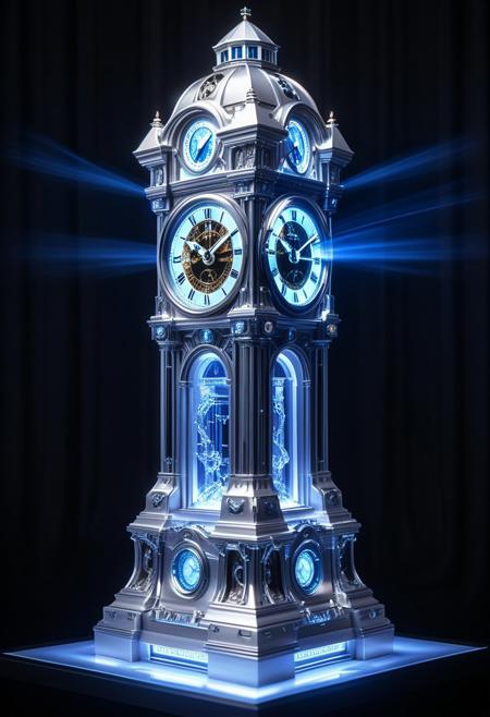 SilverPulse, silver sculpture of clock tower, powerful energy beam shooting from chest,  opulent study, layering outline with zirconia light, intricate, hyper-detailed, professional photoshoot, ultra-sharp, vivid colors, dark lighting, 50mm lens,