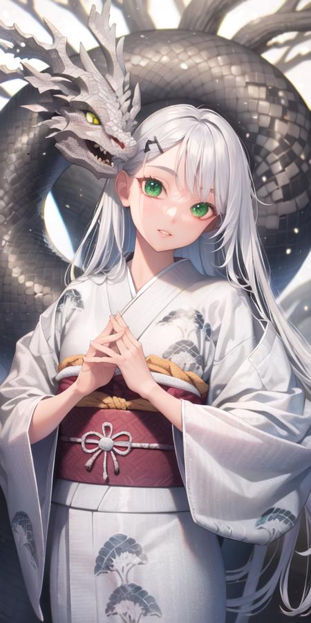 1girl, branch, chromatic aberration, dragon, dragon print, eastern dragon, green eyes, hair ornament, hairclip, hands up, head tilt, japanese clothes, kimono, limited palette, long hair, long sleeves, looking at viewer, obi, parted lips, pine tree, plant, print kimono, sash, solo, teeth, tree, upper body, white hair, white kimono, white sash, white theme, snake, bangs, new year, wide sleeves,<lora:mina_loha_v1a:1>