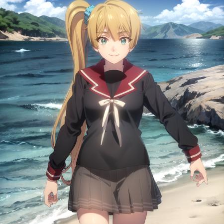 <lora:kirei_shinobi_v1b(outall-sv20-finetuning):1> ocean, beach, mountain, day, blue sky, cloud
BREAK
kirei_olis, 1girl, solo, long hair, blonde hair, side ponytail, green eyes, aqua scrunchie, black shirt, red sailor collar, neck ribbon, long sleeves, grey skirt, looking at viewer, smile