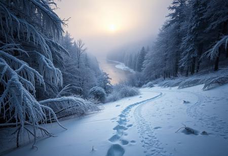 A remote, deep forest where the trees are frozen under a thick layer of frost. The branches are covered with heavy, glittering ice that shimmers in all the colors of the rainbow in the faint dawn light. The ground is covered with a thick layer of snow, streaked with fine ice crystals that sparkle in the light like tiny diamonds. In the background, a winding river can be seen, the water so cold that it has frozen into delicate, round ice crystals at the edges. A fine mist hangs over the river, giving the scene a mystical atmosphere. The sky above is gloomy and gray-white, with only a faint glimmer of sunlight breaking through the dense treetops and making the layers of ice glitter. There is no wind in this landscape, and the silence is overwhelming—only the faint crunching of ice and snow can be heard. The frost leaves everything in an icy, almost magical stillness, as if time itself has been frozen here. It is a scene that captures the pristine beauty and quiet, fragile power of ice in its purest form.