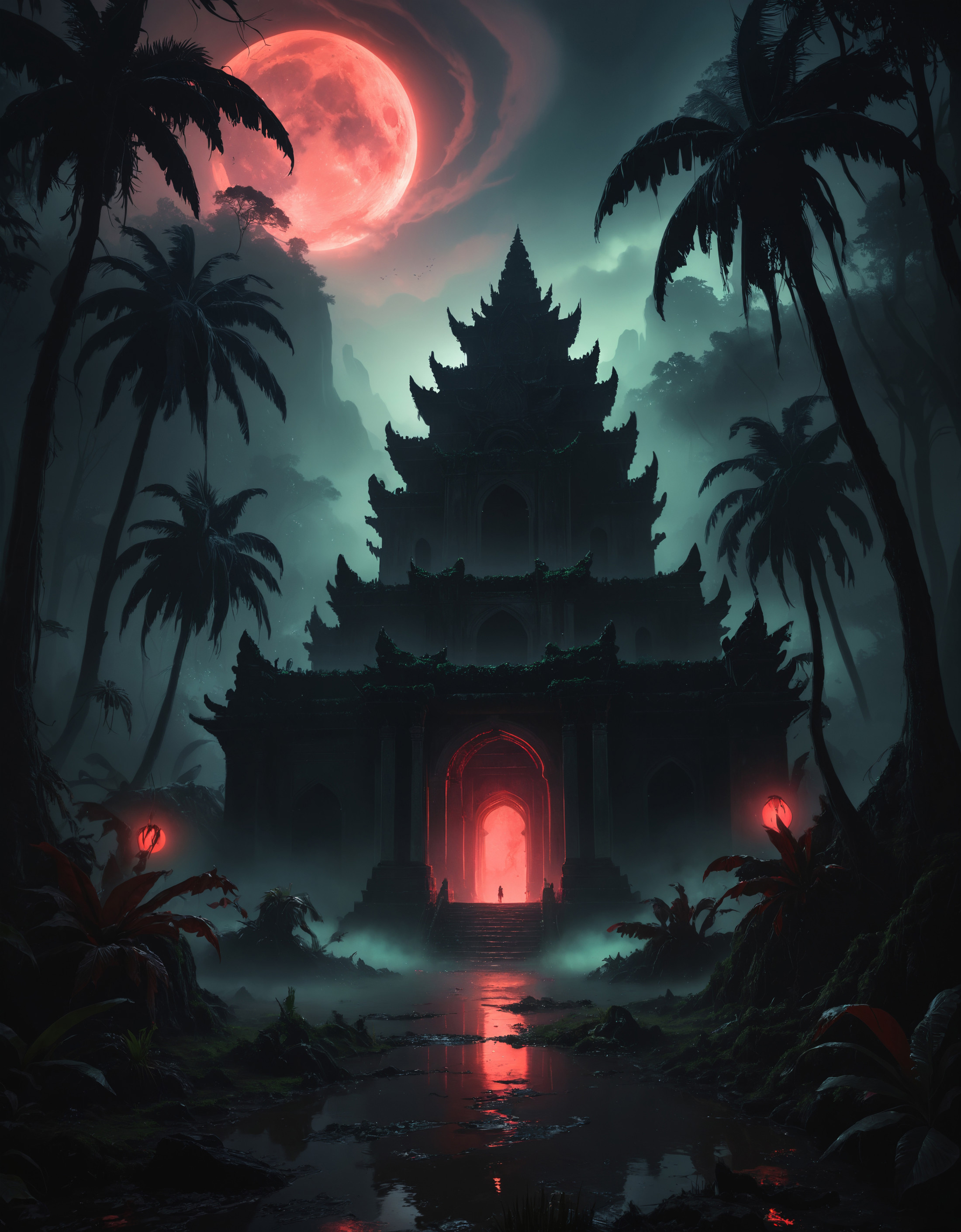 (zavy-mthcl:1.3), horror-themed a dense tropical rainforest, with an ancient temple visible in the distance. The scene is ...