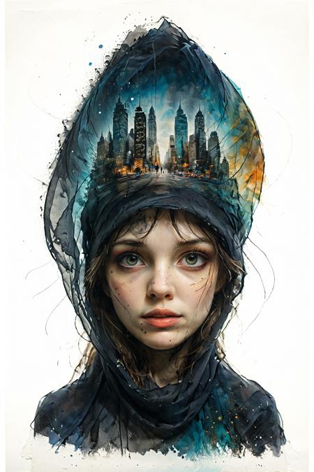 mysterious silhouette woman with veil, by Minjae Lee, Carne Griffiths, Emily Kell, Steve McCurry, Geoffroy Thoorens, Aaron Horkey, Jordan Grimmer, Greg Rutkowski, amazing depth, double exposure, surreal, geometric patterns, intricately detailed, bokeh,  perfect balanced, deep fine borders, artistic photorealism , smooth,  great masterwork by head of prompt engineering   <lora:add-detail-xl:2>  <lora:Double_Exposure:0.5> <lora:xl_shuimo:0.8> ink wash painting <lora:Cute_Drawing:0.6>  <lora:hyperkraximalism_v1-1:0.3>