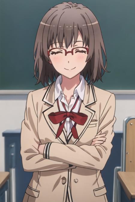 best quality, masterpiece, highres, solo, {ebina_hina_yahariorenoseishunlovecomewamachigatteiru:1.15}, short_hair, brown_hair, glasses, smile, red-framed_eyewear, black_hair, brown_eyes, 1girl, blazer, closed_eyes, jacket, school_uniform, sobu_high_school_uniform, ^_^