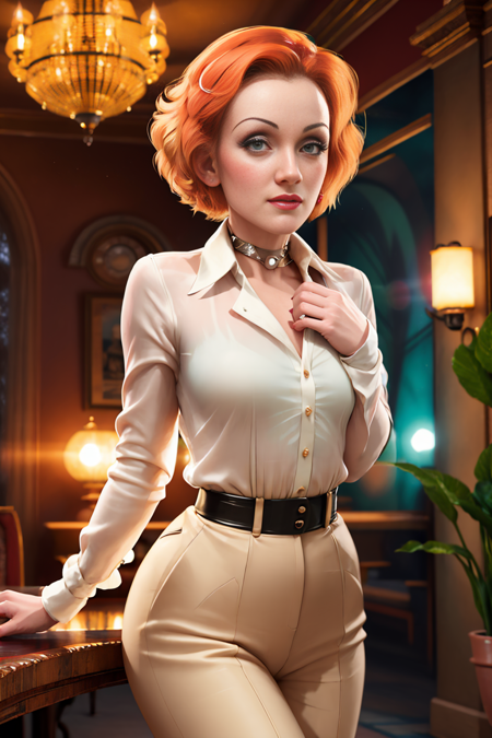 ((MarleneDietrich)), mj3d style,3dmm,3d,((portrait:1.3)), bokeh:1.2, indoors, a beautiful woman, (standing), ((white silk shirt with collar)), ((no cleavage)),feet, (high-heels), looking at viewer, (22 years old woman), medium breast, small waist, (green eyes, beautiful eyes), beautiful face, perfect illumination, beautiful detailed eyes, looking at viewer, stunningly beautiful woman, detailed hairstyle,  good hands,  detailed hands, good feet, (8k, RAW photo, best quality, masterpiece:1.2), (realistic, photo-realistic:1.37), ultra high res, photon mapping, radiosity, physically-based rendering, (ambient light:1.3), (cinematic composition:1.0),professional soft lighting, light on face