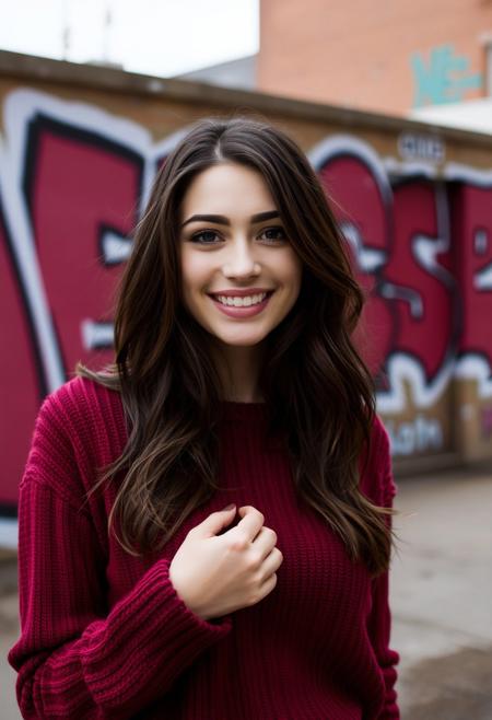 a brunette woman wearing a maroon sweater,she is beautiful,she is smiling in a sexy way, professional photo shoot, urban grunge setting, graffiti, DSLR, film