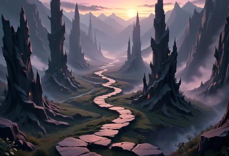A breathtaking, hyperrealistic digital painting, a surreal, dreamlike landscape, rendered in a whimsical pastel color palette. The planet’s surface is intensely marbled bizarre pillars of stone , casting ethereal shadows across the scene. In the sky clouds drift over the eerie landscape, Below, a sinuous, winding path constructed of polished, smooth crystal material spirals downwards towards the viewer, leading into a dense forest of stone trees, In the far distance is mountain of obsidian, creating a hazy, dreamlike atmosphere., dramatic volumetric lighting, creating a sense of vastness, adventure, and intense exploration – 8k resolution, trending on ArtStation. SDXL_POS, flux-style, aidmamj6.1,
