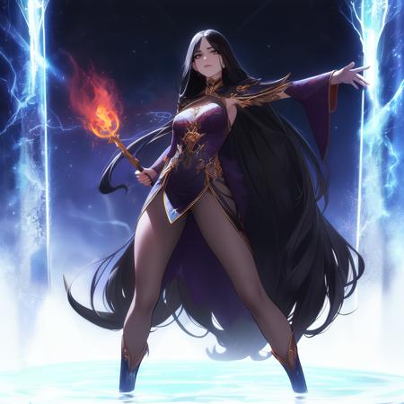 masterpiece, best quality, 1girl, very long hair, casting spell, sorceress, skimpy clothes, magic, energy, black hair, evil, black clothes, staff, holding staff