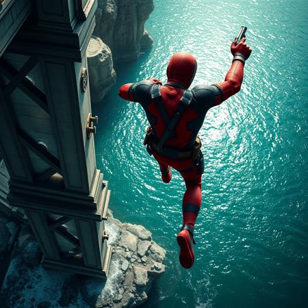 Deadpool is jumping from a bridge in a sea, bird person oponion , super focus on male, superrealistic, in his right hand he has a gun, you are not so near by deadpool, you see his back