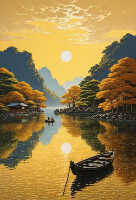 by Hasui Kawase, (golden but extremely beautiful:1.4), (intricate details, masterpiece, best quality:1.4), looking at viewer, wide angle view, <lora:add-detail-xl:1> in the style of nicola samori