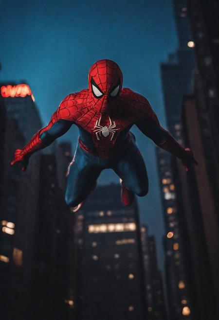 Portrait face Solo spiderman flying in new york , photograph ,pale beautiful photo, ultra detailedspiderman suit , night time, cinematic composition,  cinematic filtering