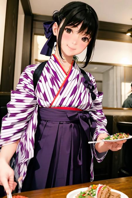 masterpiece, best quality, ultra-detailed, illustration,
BMC, yagasuri, japanese clothes, 1girl, realistic, smile, waitress, hakama skirt, food, hakama, solo focus, real life insert, skirt, brown hair, yagasuri,
 <lora:BasyamichiV6:0.8>