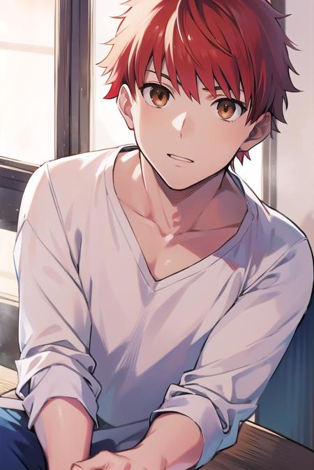 shirouemiya, <lora:shirouemiyatest:1>, 
shirou emiya, 1boy, (red hair:1.5), spiked hair, (brown eyes:1.5), mature male,
BREAK blue pants, collarbone, pants, shirt, long sleeves, white shirt,
BREAK looking at viewer,
BREAK indoors, classroom,
BREAK <lora:GoodHands-vanilla:1>, (masterpiece:1.2), best quality, high resolution, unity 8k wallpaper, (illustration:0.8), (beautiful detailed eyes:1.6), extremely detailed face, perfect lighting, extremely detailed CG, (perfect hands, perfect anatomy),