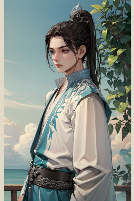 liu qingge, 1boy, male focus, chinese clothes, ponytail, hair ornament