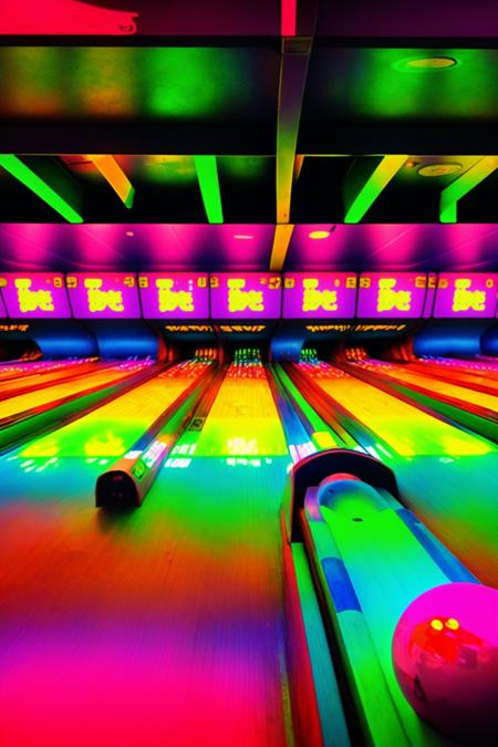 a bowling alley with bowling balls and neon lights , neons