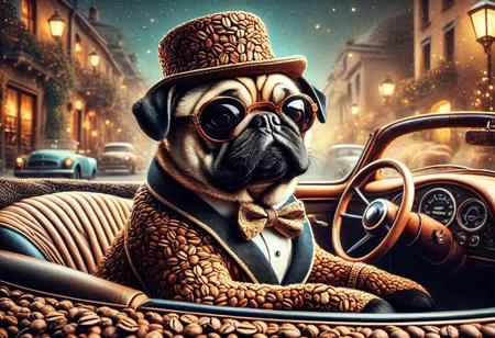 digital painting of a made of Coffee beans, cute pug in suit and bowtie, top hat and cutting edge sunglasses,  entirely made of retro sophistication texture, driving a convertible car, whimsical and magical atmosphere, soft lighting, highly detailed and stylized, concept art for a vintage charm-themed universe